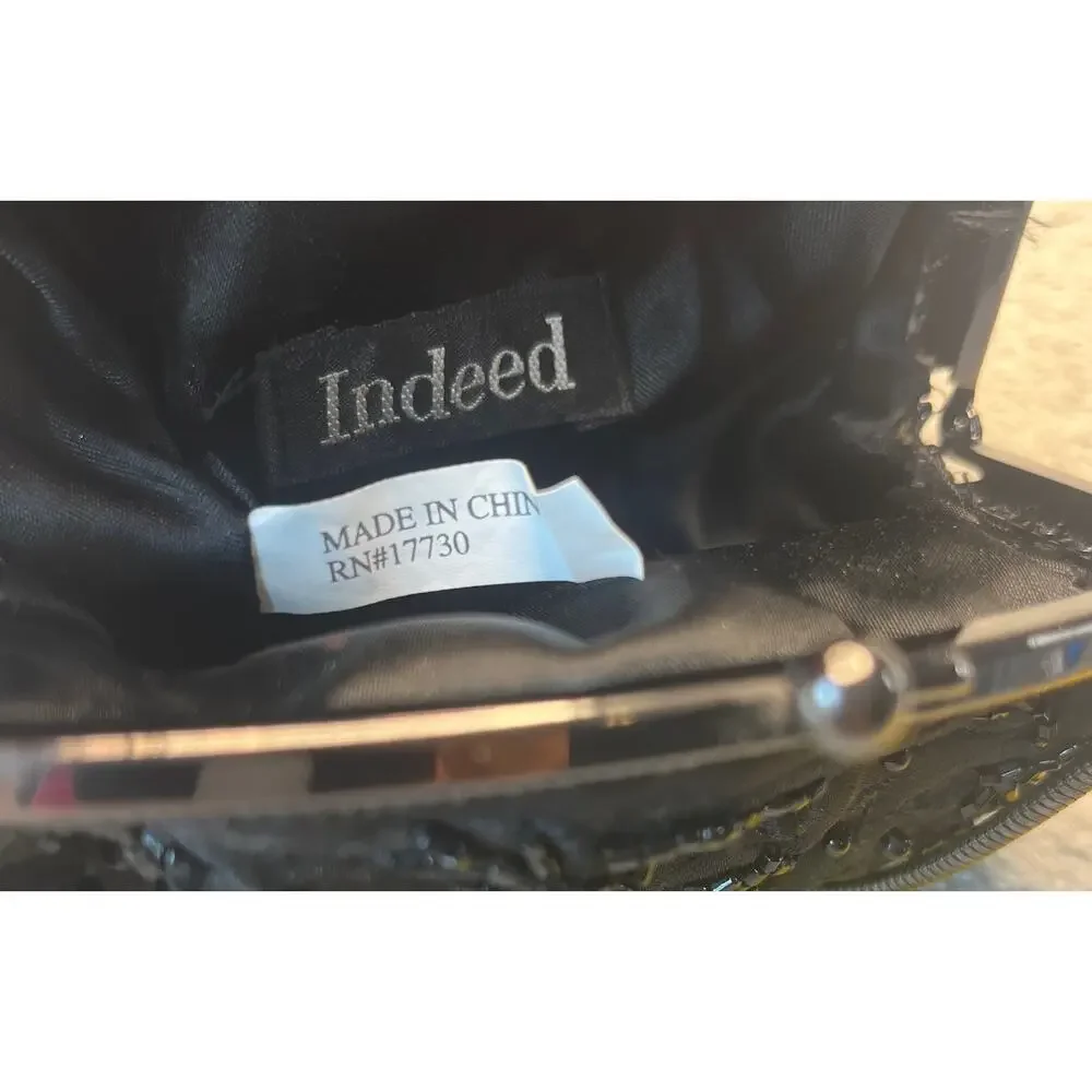 Indeed Black Beaded Satin Evening Clutch Bag Floral Embroidery Kiss Lock Formal